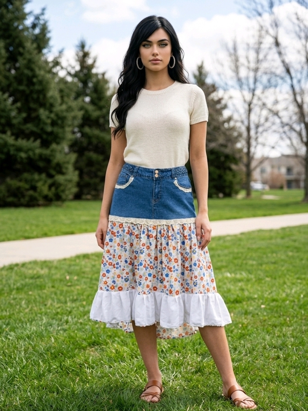 OOAK HI-LO DENIM FLORAL SKIRT 10/12
